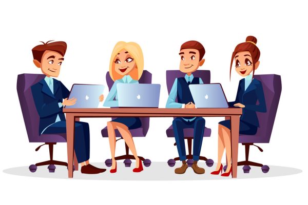 Vector cartoon business people sitting at desk with laptops communicating at brainstorming, meeting or conference. Teamwork, teambuilding concept. Happy men, women characters, managers office workers